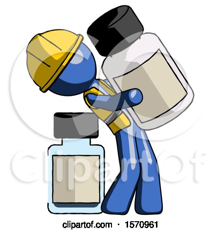 Blue Construction Worker Contractor Man Holding Large White Medicine Bottle with Bottle in Background by Leo Blanchette