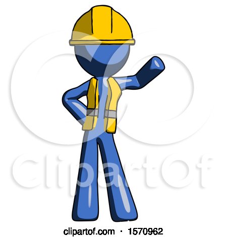 Blue Construction Worker Contractor Man Waving Left Arm with Hand on Hip by Leo Blanchette