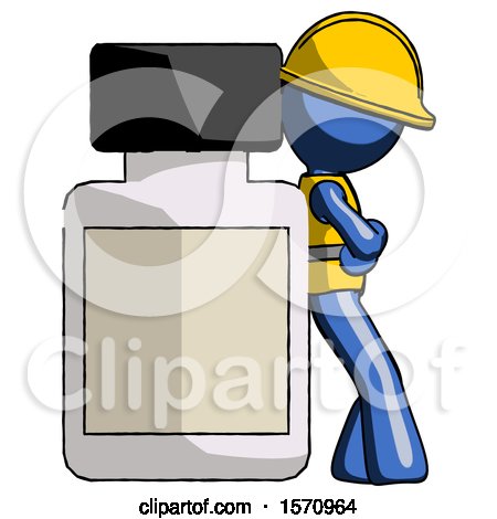 Blue Construction Worker Contractor Man Leaning Against Large Medicine Bottle by Leo Blanchette