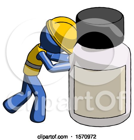 Blue Construction Worker Contractor Man Pushing Large Medicine Bottle by Leo Blanchette