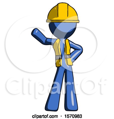 Blue Construction Worker Contractor Man Waving Right Arm with Hand on Hip by Leo Blanchette