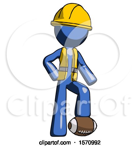 Blue Construction Worker Contractor Man Standing with Foot on Football by Leo Blanchette