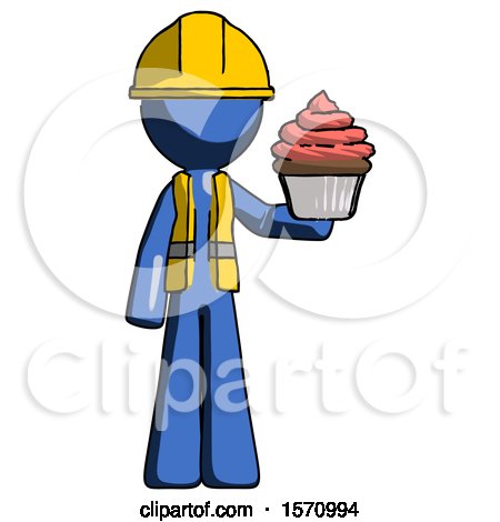 Blue Construction Worker Contractor Man Presenting Pink Cupcake to Viewer by Leo Blanchette