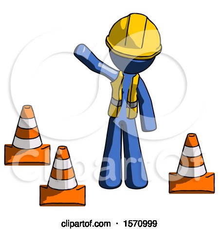 Blue Construction Worker Contractor Man Standing by Traffic Cones Waving by Leo Blanchette
