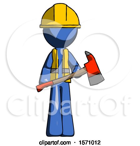 Blue Construction Worker Contractor Man Holding Red Fire Fighter's Ax by Leo Blanchette