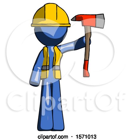 Blue Construction Worker Contractor Man Holding up Red Firefighter's Ax by Leo Blanchette