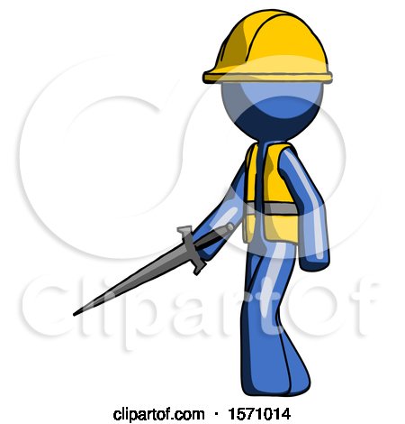 Blue Construction Worker Contractor Man with Sword Walking Confidently by Leo Blanchette