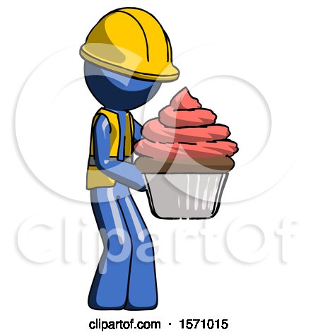 Blue Construction Worker Contractor Man Holding Large Cupcake Ready to Eat or Serve by Leo Blanchette