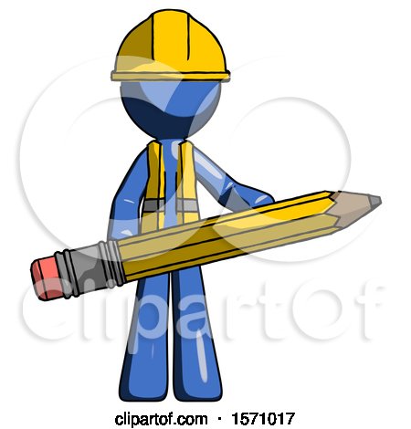 Blue Construction Worker Contractor Man Writer or Blogger Holding Large Pencil by Leo Blanchette