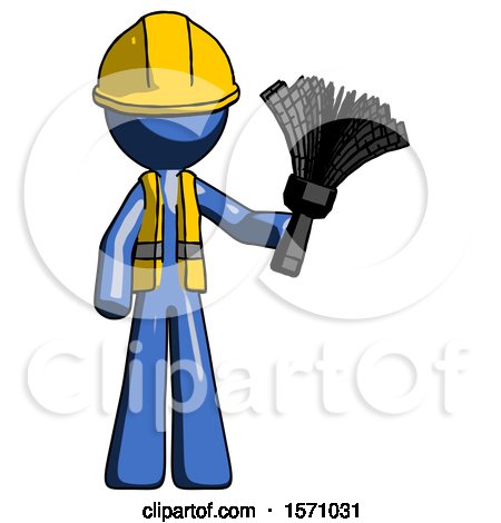 Blue Construction Worker Contractor Man Holding Feather Duster Facing Forward by Leo Blanchette