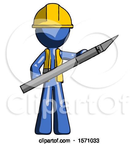 Blue Construction Worker Contractor Man Holding Large Scalpel by Leo Blanchette