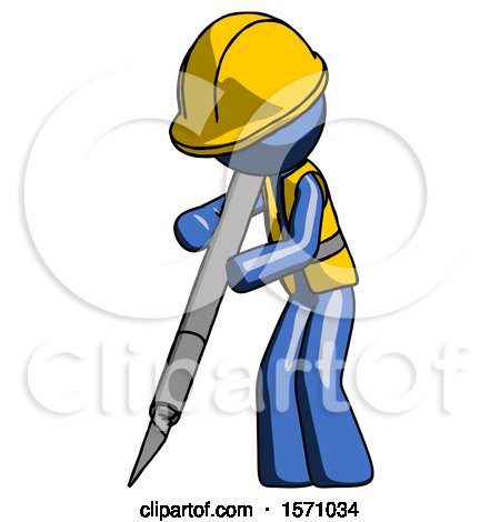 Blue Construction Worker Contractor Man Cutting with Large Scalpel by Leo Blanchette