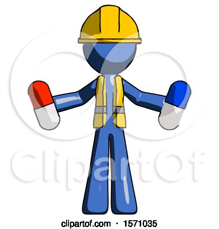 Blue Construction Worker Contractor Man Holding a Red Pill and Blue Pill by Leo Blanchette