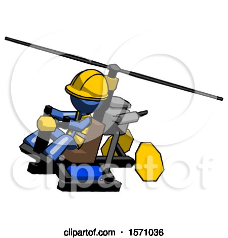 Blue Construction Worker Contractor Man Flying in Gyrocopter Front Side Angle Top View by Leo Blanchette