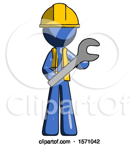 Blue Construction Worker Contractor Man Holding Large Wrench with Both Hands by Leo Blanchette