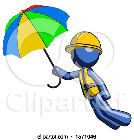 Blue Construction Worker Contractor Man Flying with Rainbow Colored Umbrella by Leo Blanchette