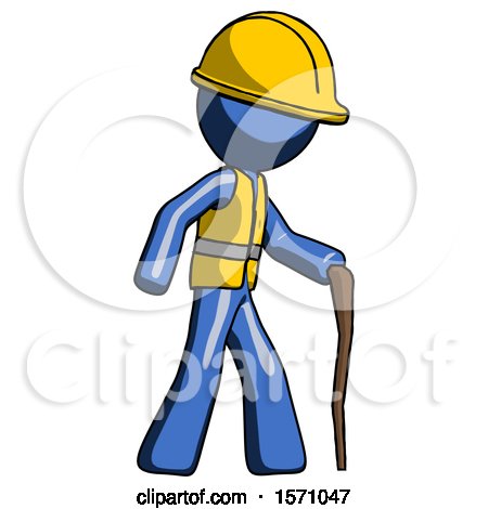 Blue Construction Worker Contractor Man Walking with Hiking Stick by Leo Blanchette