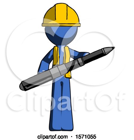 Blue Construction Worker Contractor Man Posing Confidently with Giant Pen by Leo Blanchette