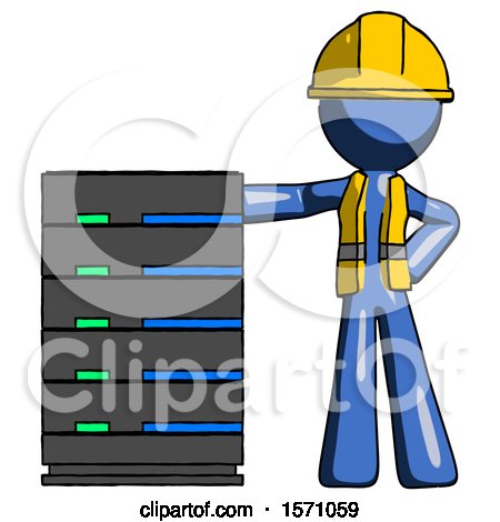 Blue Construction Worker Contractor Man with Server Rack Leaning Confidently Against It by Leo Blanchette