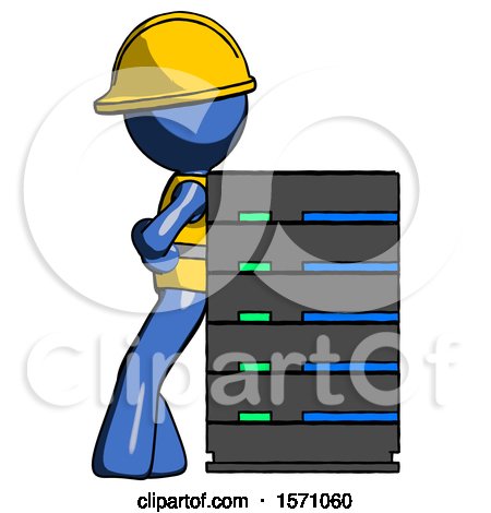 Blue Construction Worker Contractor Man Resting Against Server Rack by Leo Blanchette