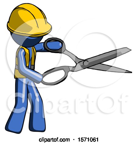 Blue Construction Worker Contractor Man Holding Giant Scissors Cutting out Something by Leo Blanchette