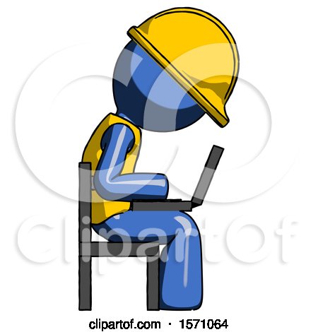 Blue Construction Worker Contractor Man Using Laptop Computer While Sitting in Chair View from Side by Leo Blanchette