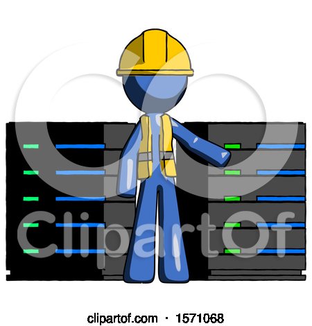 Blue Construction Worker Contractor Man with Server Racks, in Front of Two Networked Systems by Leo Blanchette