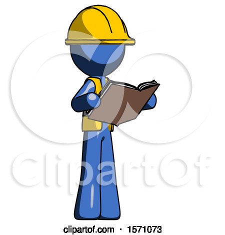 Blue Construction Worker Contractor Man Reading Book While Standing up Facing Away by Leo Blanchette