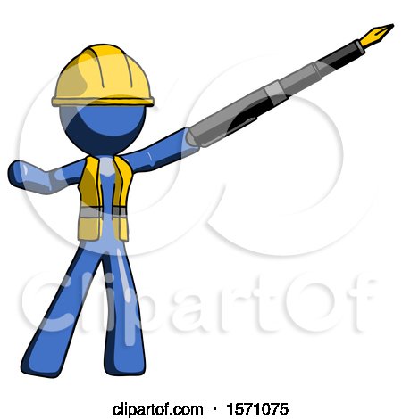 Blue Construction Worker Contractor Man Pen Is Mightier Than the Sword Calligraphy Pose by Leo Blanchette