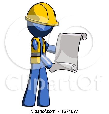 Blue Construction Worker Contractor Man Holding Blueprints or Scroll by Leo Blanchette