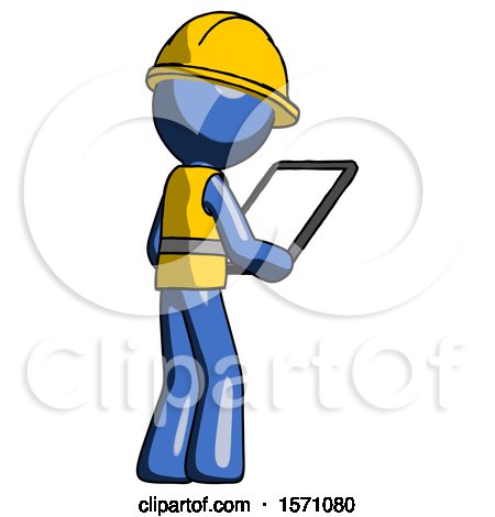 Blue Construction Worker Contractor Man Looking at Tablet Device Computer Facing Away by Leo Blanchette
