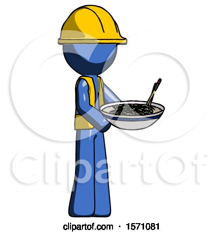 Blue Construction Worker Contractor Man Holding Noodles Offering to Viewer by Leo Blanchette