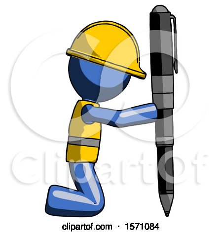 Blue Construction Worker Contractor Man Posing with Giant Pen in Powerful yet Awkward Manner. by Leo Blanchette