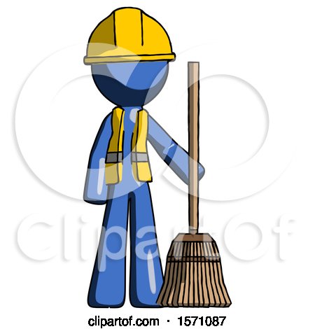 Blue Construction Worker Contractor Man Standing with Broom Cleaning Services by Leo Blanchette