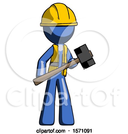 Blue Construction Worker Contractor Man with Sledgehammer Standing Ready to Work or Defend by Leo Blanchette