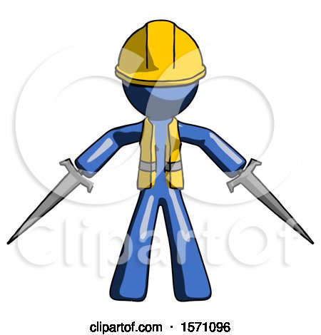 Blue Construction Worker Contractor Man Two Sword Defense Pose by Leo Blanchette