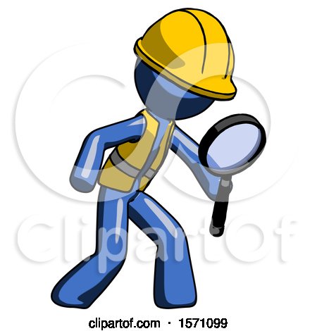 Blue Construction Worker Contractor Man Inspecting with Large Magnifying Glass Right by Leo Blanchette