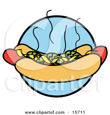 Steaming Hotdog In A Bun Topped With Mustard And Relish Clipart Illustration by Andy Nortnik