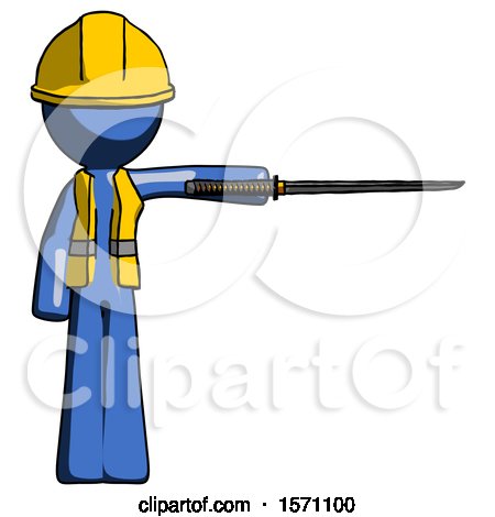Blue Construction Worker Contractor Man Standing with Ninja Sword Katana Pointing Right by Leo Blanchette