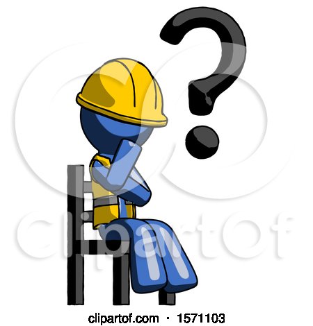 Blue Construction Worker Contractor Man Question Mark Concept, Sitting on Chair Thinking by Leo Blanchette