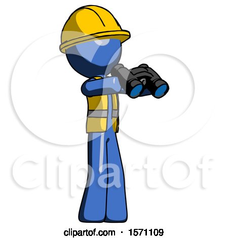 Blue Construction Worker Contractor Man Holding Binoculars Ready to Look Right by Leo Blanchette