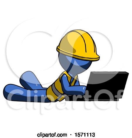 Blue Construction Worker Contractor Man Using Laptop Computer While Lying on Floor Side Angled View by Leo Blanchette