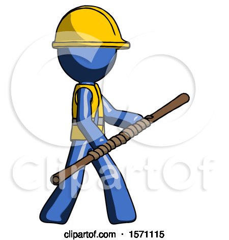 Blue Construction Worker Contractor Man Holding Bo Staff in Sideways Defense Pose by Leo Blanchette