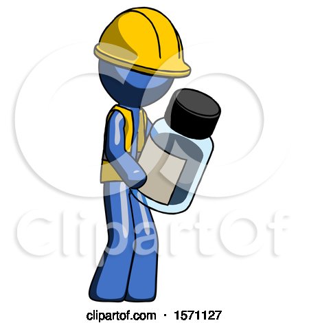 Blue Construction Worker Contractor Man Holding Glass Medicine Bottle by Leo Blanchette