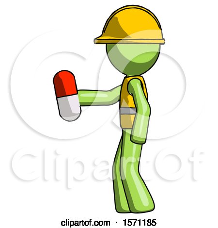 Green Construction Worker Contractor Man Holding Red Pill Walking to Left by Leo Blanchette