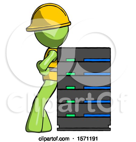 Green Construction Worker Contractor Man Resting Against Server Rack by Leo Blanchette