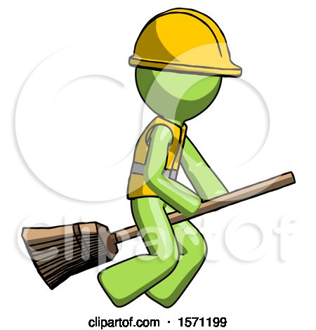 Green Construction Worker Contractor Man Flying on Broom by Leo Blanchette