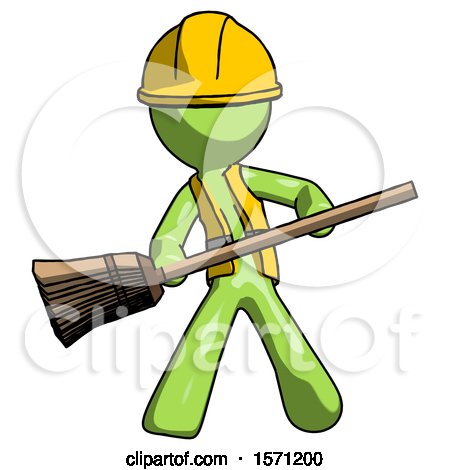 Green Construction Worker Contractor Man Broom Fighter Defense Pose by Leo Blanchette