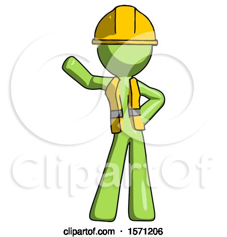 Green Construction Worker Contractor Man Waving Right Arm with Hand on Hip by Leo Blanchette