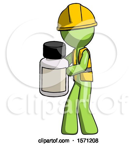Green Construction Worker Contractor Man Holding White Medicine Bottle by Leo Blanchette